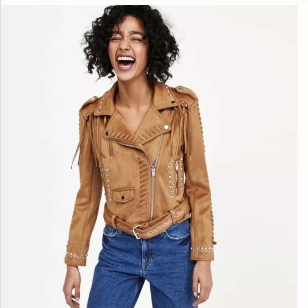 Zara Faux Suede Southwest Studded Moto Jacket L